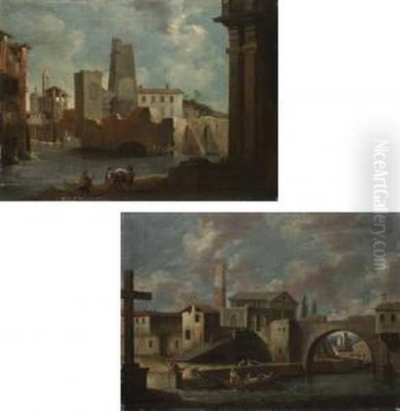 A Capriccio Of A Town In The 
Veneto With Women Washing On The Bank;and A Capriccio Of A Town In The 
Veneto With Townsmen Mooring Theirboat Oil Painting by Francesco Tironi