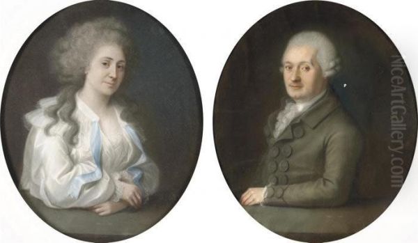 Portraits Of A Lady And Gentleman, Half-length, Their Hands Restingon Ledges Oil Painting by Johann Friedrich A. Tischbein