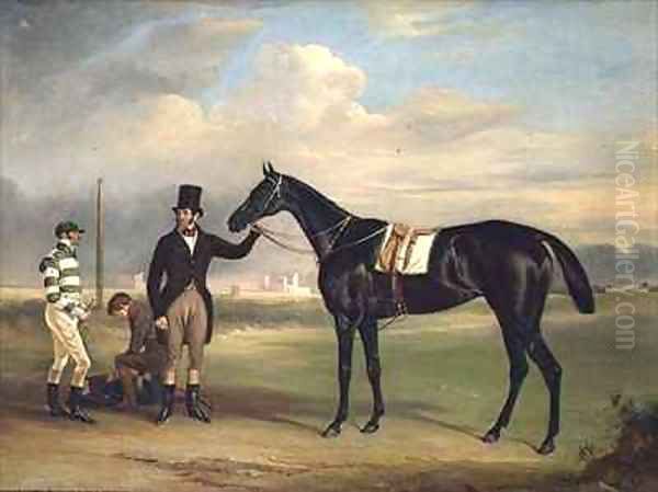 Pussy a dark brown racehorse with his trainer Old John Day Mr T Cosby and W B Day at Epsom Oil Painting by John Snr Ferneley