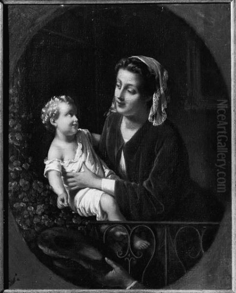 A Mother And Child On A Balcony, In A Painted Oval Oil Painting by Johann Friedrich A. Tischbein