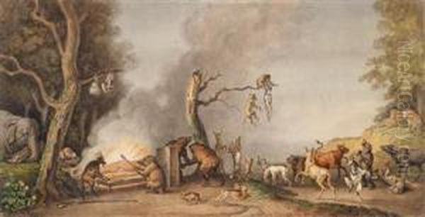 A Boar And A Beargrilling A Hunter On A Skewer Oil Painting by Johann Heinrich Wilhelm Tischbein I