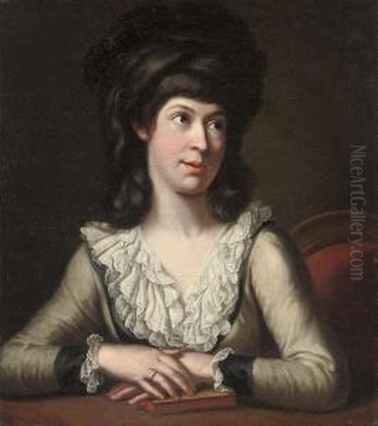 Portrait Of A Lady, Half-length,
 In A White Dress With A Lace Collar, Seated At A Table, Hands Resting 
On A Book Oil Painting by Johann Heinrich Wilhelm Tischbein I