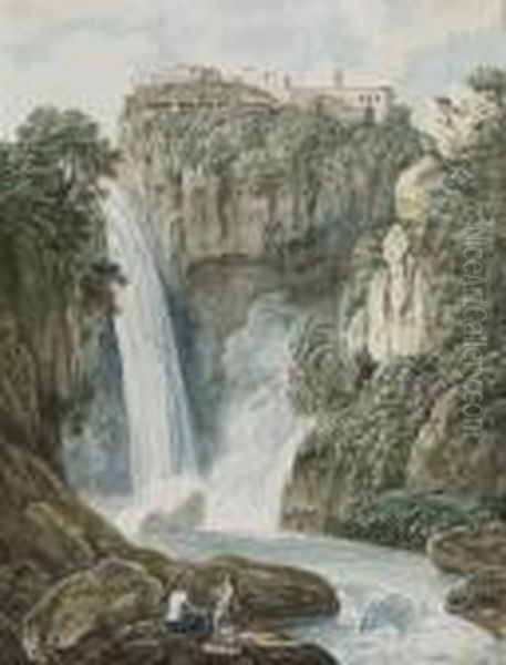 Vue Des Cascades De Tivoli A Rome, Deux Personnages Au Premier Plansur Des Rochers Oil Painting by Johann Heinrich Wilhelm Tischbein I