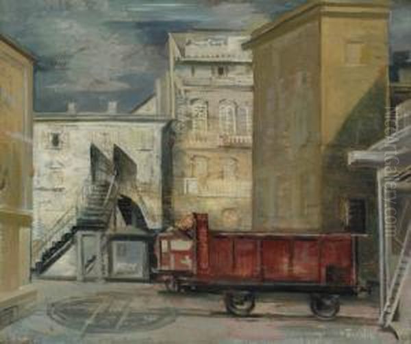 Red Railway Carriage In Astreet Oil Painting by Victor Tischler