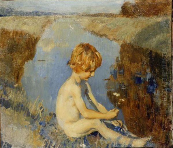 Bambino Sul Canale Oil Painting by Ettore Tito