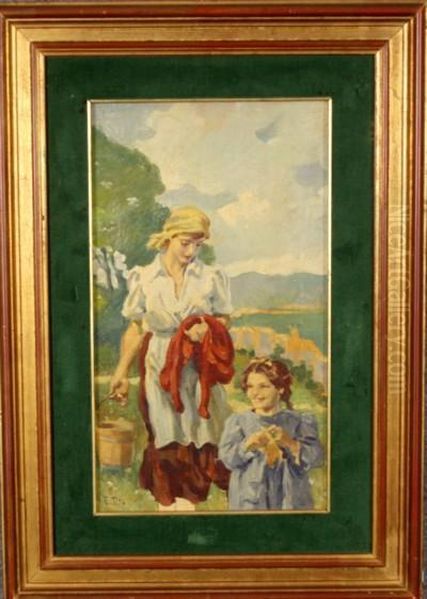 Contadinella Con Secchio Vicino Ad Una Bimba Oil Painting by Ettore Tito