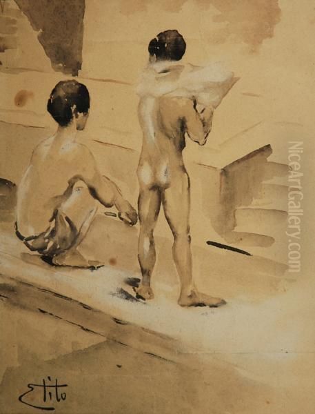 Fanciulli Ai Bordi Di Una Piscina Oil Painting by Ettore Tito