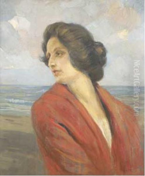 Ritratto Di Giovane Donna Con Camicetta Rossa Oil Painting by Ettore Tito