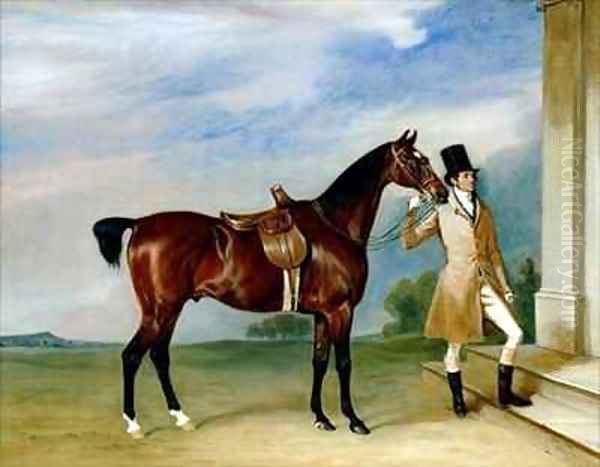 Miss Villebois Bay Hunter held by a Groom Oil Painting by John Snr Ferneley