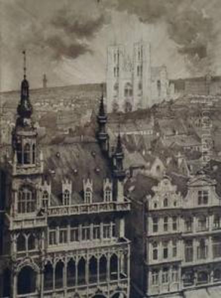 Sans Titre [vue Partielle De La 
Grand' Place De Bruxelles Et De La Cathedrale Saints Michel Et Gudule]. Oil Painting by Louis Titz