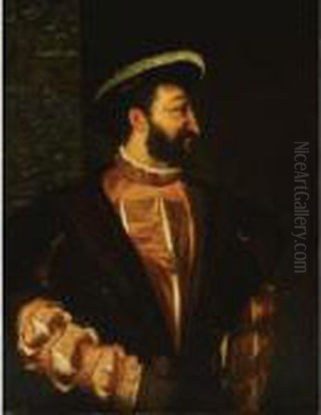 Portrait Of Francis I 
(1494-1547), King Of France, Half Length, Wearing A Red Costume With A 
Fur Coat And A Feathered Beret Oil Painting by Tiziano Vecellio (Titian)