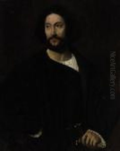 Portrait Of A Gentleman, 
Half-length, In Black, His Left Handresting On The Hilt Of A Sword Oil Painting by Tiziano Vecellio (Titian)