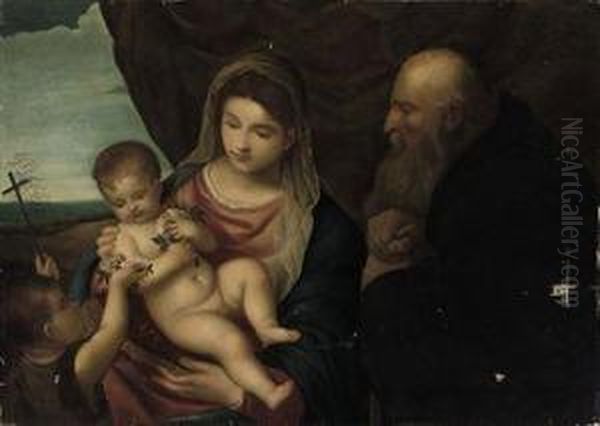 The Madonna And Child With The Infant Saint John The Baptist Andsaint Anthony Abbot Oil Painting by Tiziano Vecellio (Titian)