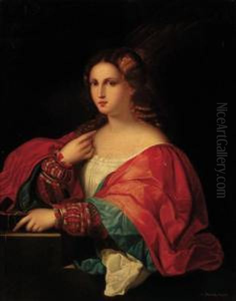 Portrait Of A Lady, Three-quarter-length, In Red And Bluerobes Oil Painting by Tiziano Vecellio (Titian)