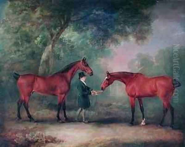 Hunters being fed by a Groom in a Woodland Setting Oil Painting by John Snr Ferneley