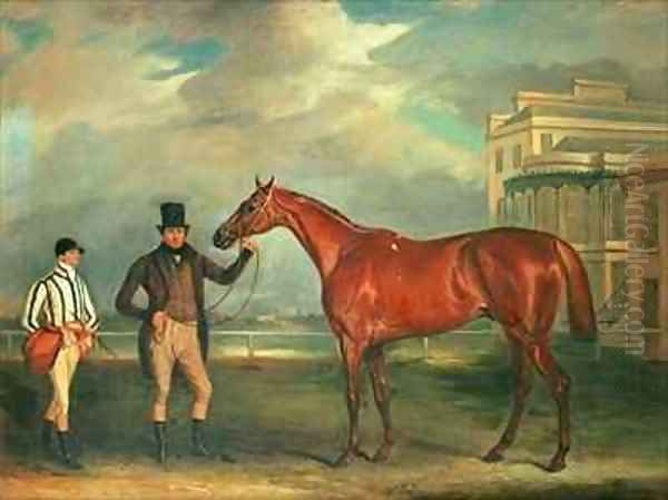 General Chasse a chestnut racehorse being held by his trainer with his jockey J Holmes standing by on Aintree racecourse Oil Painting by John Snr Ferneley