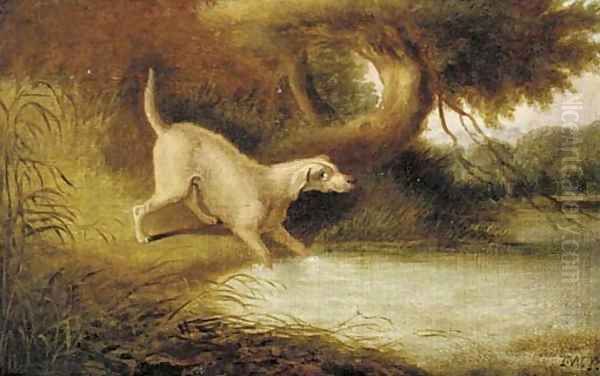 An otter hound by a pool Oil Painting by John Snr Ferneley