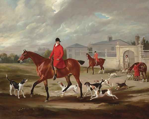 Thomas Goosey and the Belvoir hounds leaving the kennels, Belvoir Castle beyond Oil Painting by John Snr Ferneley