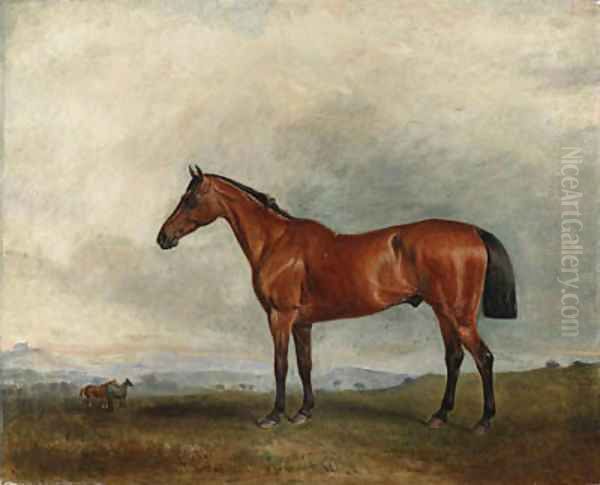 A bay hunter in an extensive landscape, with other hunters beyond Oil Painting by John Snr Ferneley