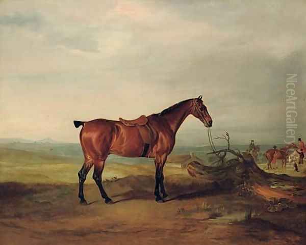 A saddled bay hunter in a landscape, with huntsmen and hounds beyond Oil Painting by John Snr Ferneley