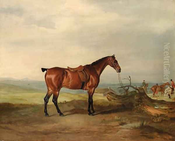 A saddled bay Hunter, in an extensive landscape, with huntsmen and hounds beyond Oil Painting by John Snr Ferneley