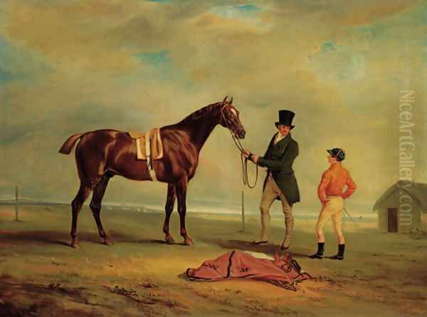 The Hon. William Maule's Ledstone, a chestnut racehorse with a trainer and jockey on a racecourse Oil Painting by John Snr Ferneley