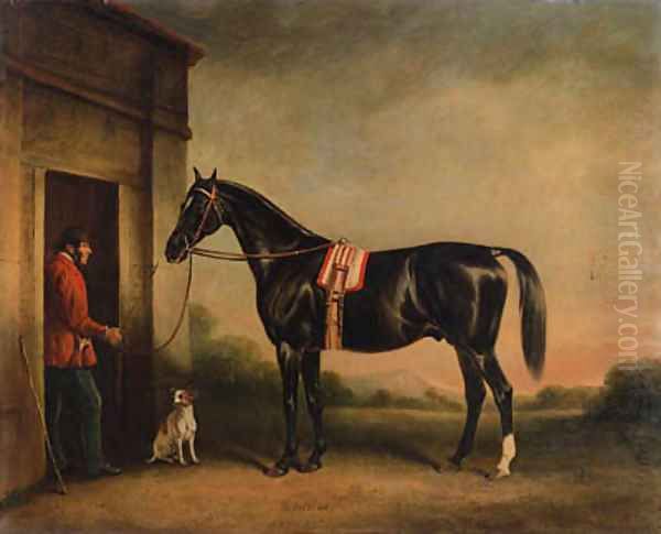 Vitellus, a black hunter, held by a groom, with a dog outside a stable Oil Painting by John Snr Ferneley