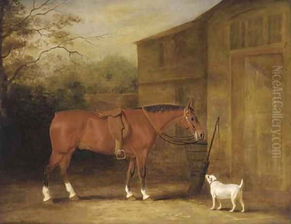 A bay hunter and a dog outside a stable Oil Painting by John Snr Ferneley