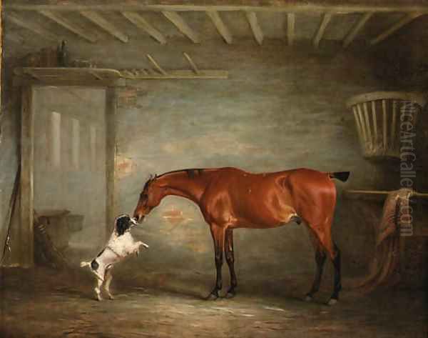 A bay Hunter with a Poodle in a Stable Oil Painting by John Snr Ferneley