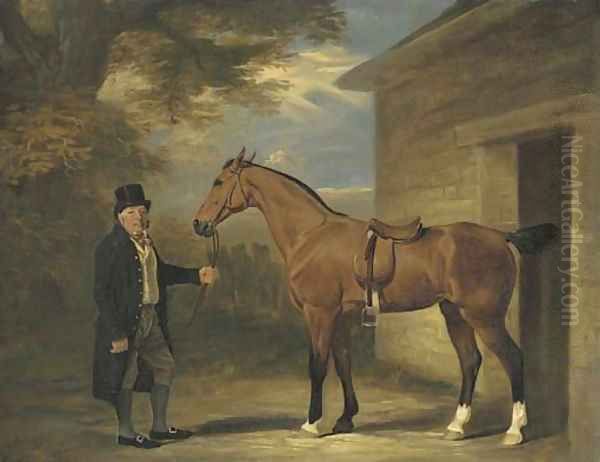 A gentleman with a bay hunter outside a stable Oil Painting by John Snr Ferneley