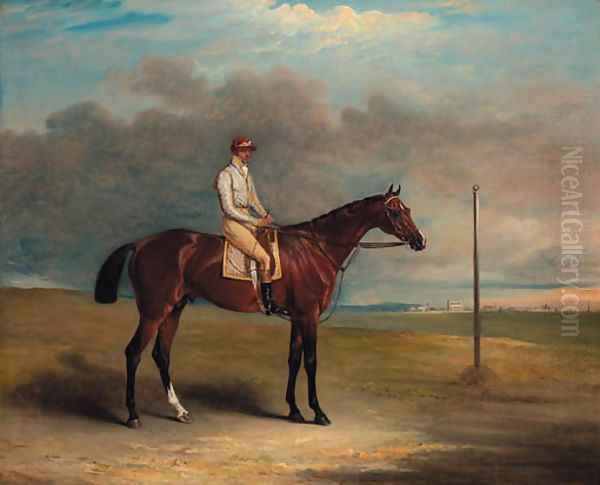 Lord Lowther's Spaniel, winner of the 1831 Derby, with jockey up, on a racecourse Oil Painting by John Snr Ferneley