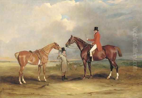 Portrait of John Drummond on a hunter, with a groom holding his second horse, in a landscape, a hunting party beyond Oil Painting by John Snr Ferneley