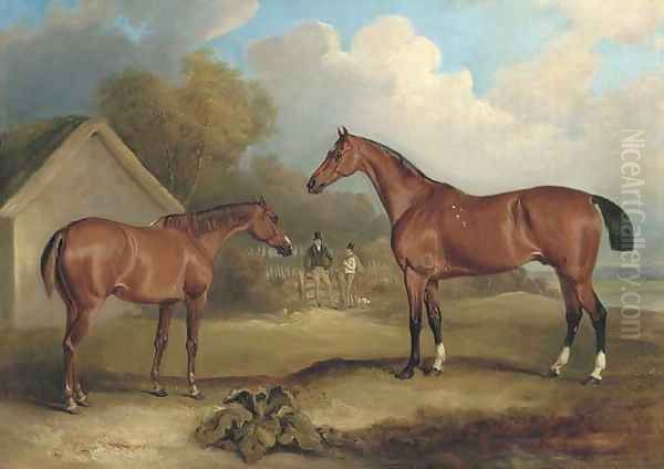 Sambo and Pilot, property of Lord Gardner, at grass, with figures beyond Oil Painting by John Snr Ferneley