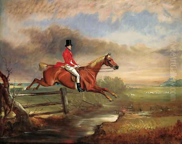 The Hon. Henry Augustus Craven clearing a fenced brook with hounds after a scent and Belvoir Castle beyond Oil Painting by John Snr Ferneley