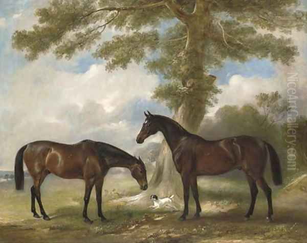 Two bay mares with a terrier by a tree, in a landscape Oil Painting by John Snr Ferneley