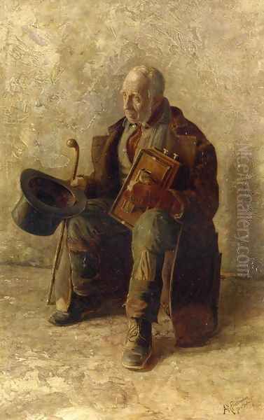 Street Musician Oil Painting by Augustus Maurice Friedlander