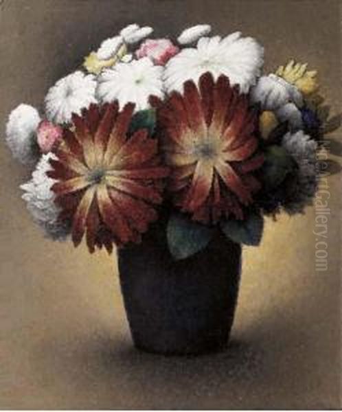 A Still Life With Dahlias In A Vase by Felix Elie Tobeen