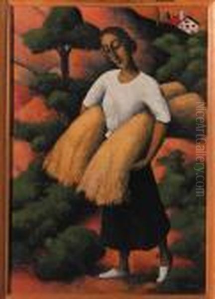 A Peasant Woman Harvesting Oil Painting by Felix Elie Tobeen