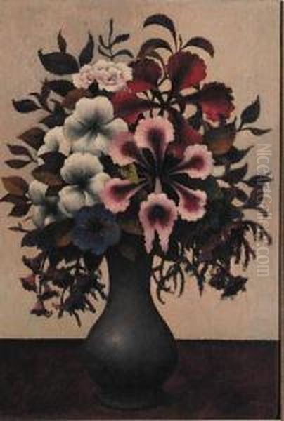 A Still Life With Flowers In A Tin Vase Oil Painting by Felix Elie Tobeen