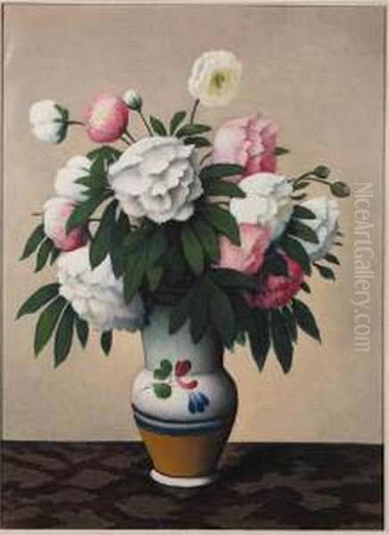 A Still Life With Peonies In A Vase Oil Painting by Felix Elie Tobeen