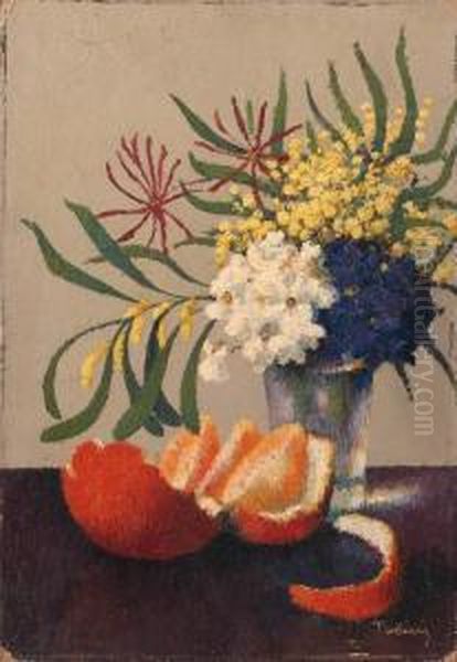 A Still Life With Flowers And An Orange Oil Painting by Felix Elie Tobeen