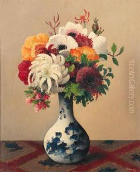 Still Life With Flowers In A Chinese Vase Oil Painting by Felix Elie Tobeen