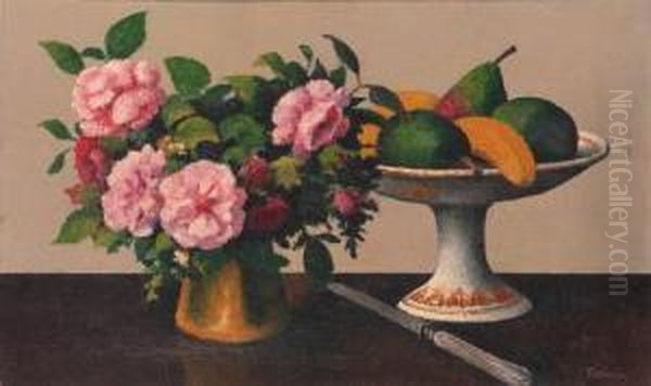 A Still Life With Flowers And Fruit Oil Painting by Felix Elie Tobeen