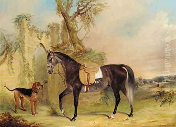 A saddled grey hunter with a dog before a gothic gateway Oil Painting by James Edward Freeman