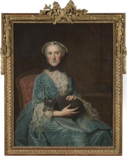 Portrait Of A Seated Lady, Three
 Quarter Length, Wearing A Turquoise Dress With Lace Cuffs And Collar 
And A Bonnet, Holding A Black Cat Oil Painting by Louis Tocque