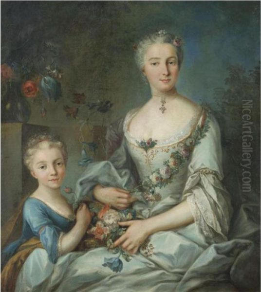 Portrait Of A Lady Seated With 
Her Daughter, Three-quarter Length, Wearing A White Silk Dress Holding 
Flowers Oil Painting by Louis Tocque