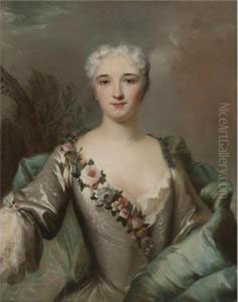 Portrait Of A Lady, Half Length 
In A Landscape, Wearing A Silver Dress With A Floral Wreath Oil Painting by Louis Tocque