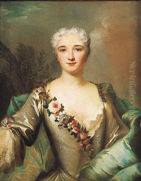 Retrato De Dama Joven, De Medio Cuerpo, Su Vestido Adornado Con Flores Oil Painting by Louis Tocque