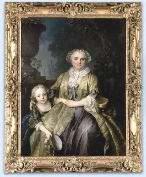 Portrait Of A Lady, Said To Be Madame Mirey And Her Daughter Oil Painting by Louis Tocque