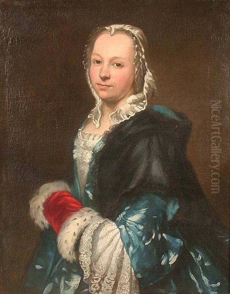 Portrait, Half Length, Of A Lady
 Wearing A Blue Dress, Black Shawl And Fur Trimmed Red Velvet Muff Oil Painting by Louis Tocque